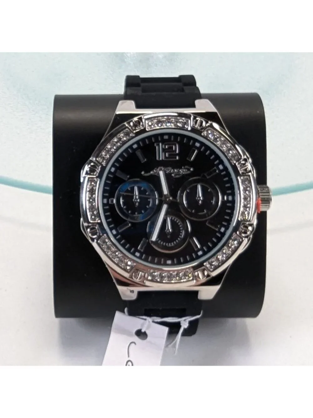 Ed Hardy Mens Black Dial Watch Rhinestone Bezel w Silicone Band NIB